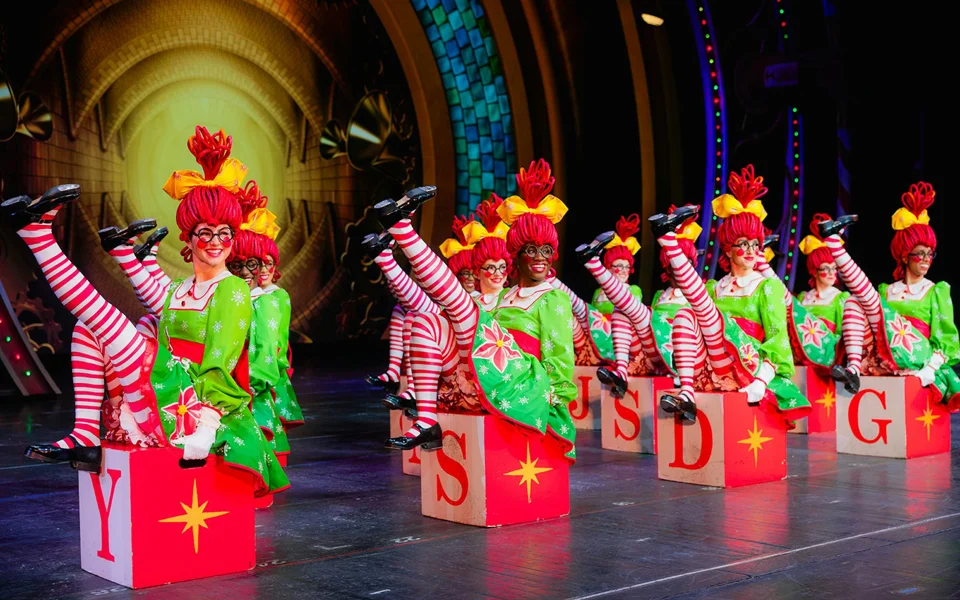 Rockettes in Santa-inspired costumes during the Christmas Spectacular