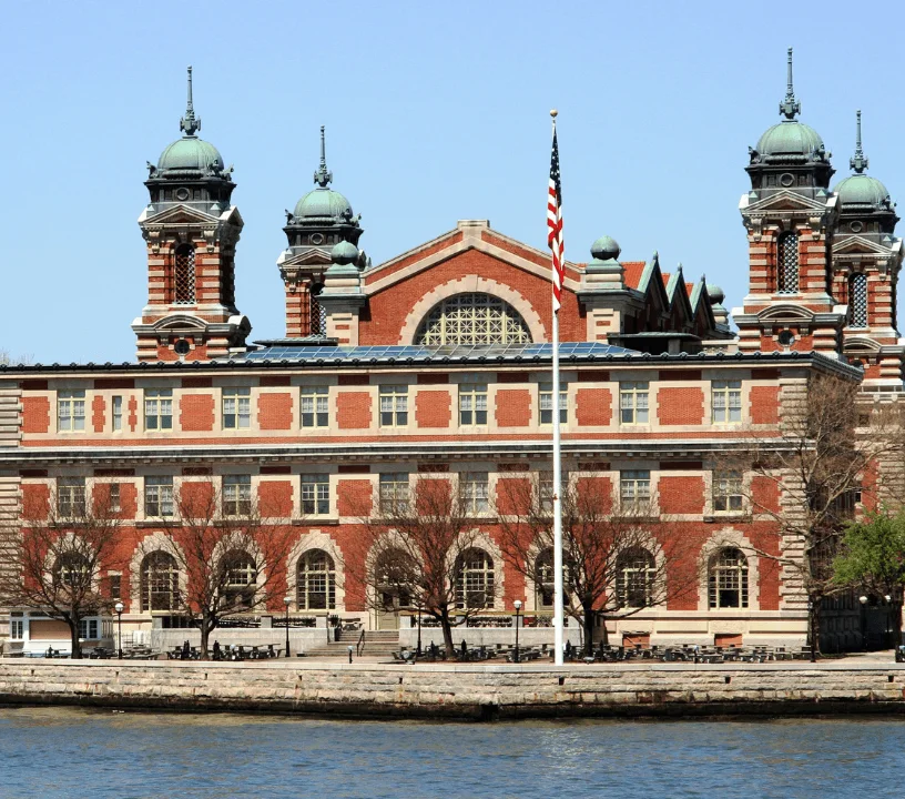 Brick facade and towers of the Ellis Island immigration museum